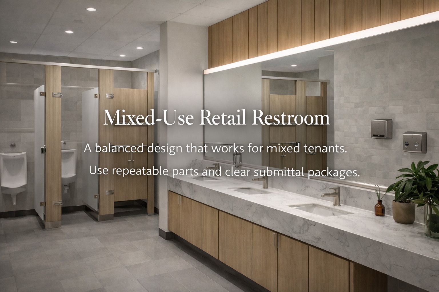 Mixed-use retail restroom concept with bright finish touchless fixtures